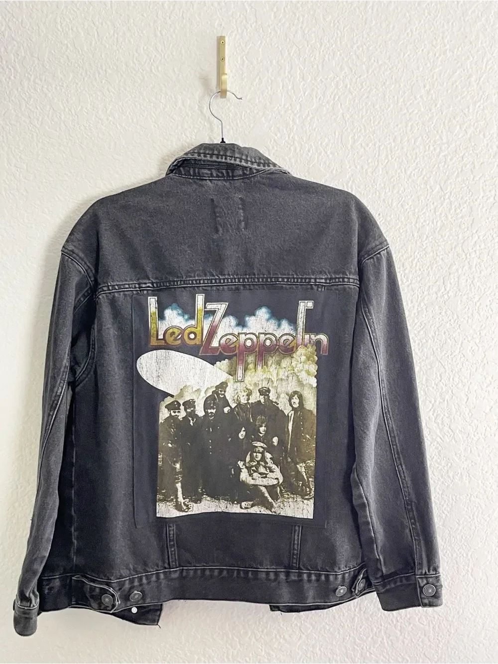 Led Zeppelin Up-Cycled Distressed Black Denim Trucker Jacket Zeppelin graphic